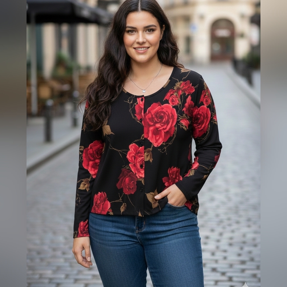 Melrose Studio Womens Top Size 3X Dark Floral Romantic Roses Button‎ Down